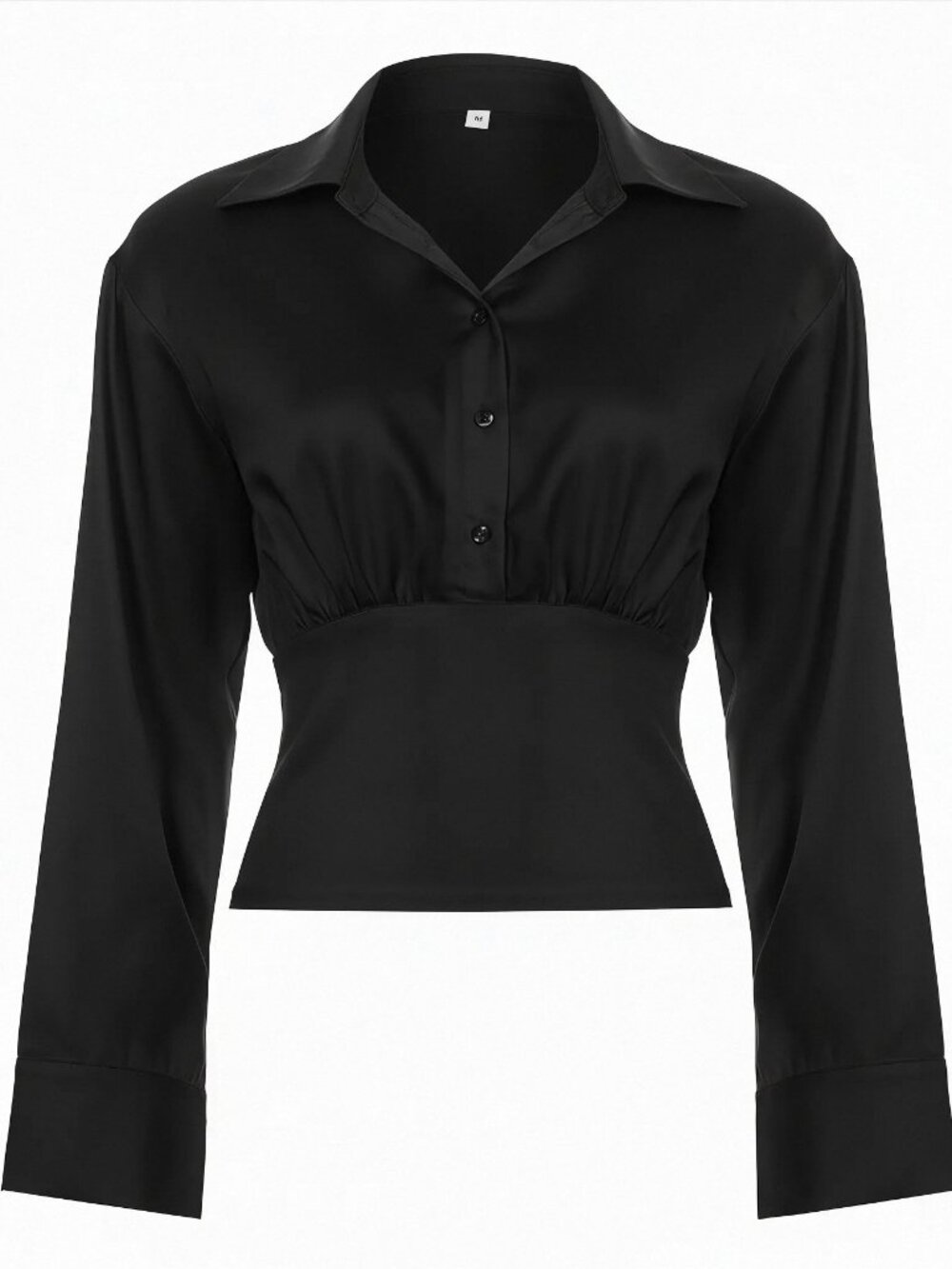 Black Satin Button-Up Blouse Cinched Waist - Size S